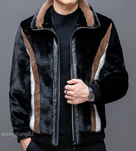 新品 ファーコート メンズ フェイクファー 毛皮一体 ブルゾン 厚手 紳士 アウター カジュアル 防寒 暖か 冬用 黒/XL