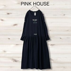 1477 PINK HOUSE＊ピンクハウス＊カネコイサオ ロゴ入りワンピース 80年代 ヴィンテージ 古着 ロングワンピース コットン 長袖 ネイビー