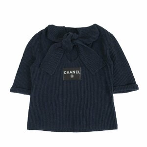 CHANEL シャネル ビックロゴ カシミヤ100% ボウタイ ニット セーター プルオーバー トップス ネイビー レディース /TNT