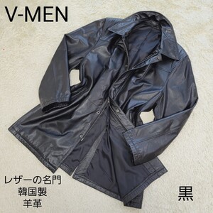 漆黒 極美品 極上 韓国製 羊革 V-MEN スタイリッシュ ミディアムレザー　ステンレスコート 黒 ブラック 黒 本革 ラムレザー 比翼 サイズM