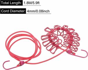 ポータブル 物干し 洗濯ばさみ12個付き 1.8 m 赤 旅行 引っ掻けるだけ！