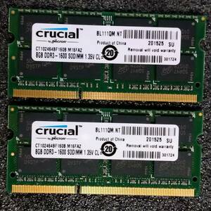 【中古】DDR3 SODIMM 16GB(8GB2枚組) Crucial CT102464BF160B [DDR3-1600 PC3L-12800 1.35V]