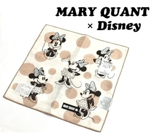 【MARY QUANT×Disney100】(NO.4310)マリークワント ディズニー　ガーゼハンカチ　ミニー　ベージュ　両面プリント 未使用 23cm