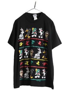 90s USA製 ■ ワーナー ルーニー テューンズ プリント 半袖 Tシャツ ( メンズ レディース L 程) 90年代 オールド キャラクター イラスト 黒