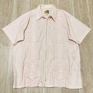 ★送料360円★GUAYABERA キューバシャツ メキシカンシャツ 半袖 ジップアップ ピンク系 サイズL メンズ R-5987