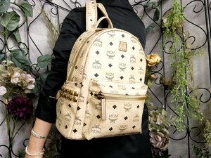 ●超美品●MCM エムシーエム●スターク●サイドスタッズ●PVC カーフ レザー●リュックサック●ベージュ●G金具●B5 収納 かばん●Js51958