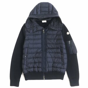 美品 MONCLER モンクレール 2019年製 MAGLIONE ニット切替 フード・ロゴワッペン付き WZIP ダウンジャケット ネイビー L 正規品 メンズ