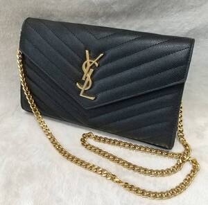 YSL サンローラン　カサンドラ　クラシック　クラッチ　チェーンショルダーバッグ　Vステッチ　キャビアスキン　ブラックｘゴールド