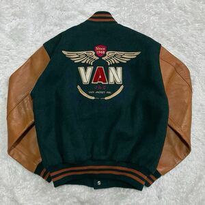 入手困難/L相当◎VAN JACKET スタジャン 袖レザー ワッペン デカロゴ 刺繍 裏地キルティング ブルゾン VANJAC 革 メルトン 緑×キャメル