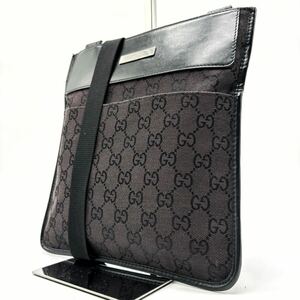 1円〜【極美品】GUCCI グッチ ショルダーバッグ サコッシュ キャンバス レザー GG柄 ブラック シルバー金具 クロスボディ 斜めがけ メンズ 