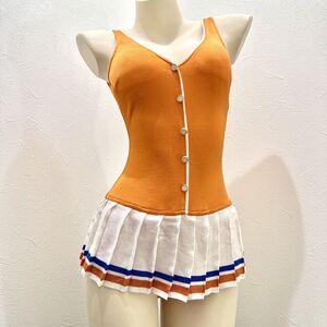 59 fair nikki女子水着(11号Lサイズ)★プリーツスカート股上ハイレグ微光沢オレンジ白ホワイト★チアリーダー★大きいサイズ男性も　　