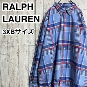 Ralph Lauren ラルフローレン 長袖シャツ 3XB ライトブルー ビッグシルエット ビッグサイズ マルチカラーチェック メガチェック 24-16