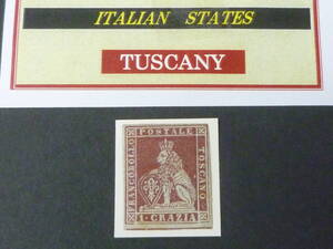 24　M　№19　イタリア切手 TUSCANY　1851-52年　SC#4　1cr　透かし有　未使用OH　【近年版SC評価 $8,800】　※説明欄必読