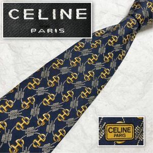 CELINE セリーヌ　ネクタイ　金具とロープ　総柄　シルク100% スペイン製　ネイビー×グレー×ゴールド　ビジネス