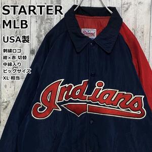 【USA製】STARTER スターター MLBインディアンス 刺繍ロゴ ビッグロゴ XL 紺×赤 切替 バイカラー 中綿 スタジャン ブルゾン ジャンバー