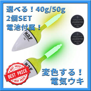 40g/50g混合！変色電気ウキ 2個セット 電池付属！沈むと色が変わる LED