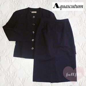 アクアスキュータム スーツ Aquascutum セットアップ ネイビー ジャケット スカート 紺 サイズ42 古着 シンプル 無地 70s オフィス 仕事