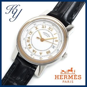 1円～ 3ヶ月保証付き 磨き済み 美品 本物 人気 HERMES エルメス キャリック コンビ 革ベルト ホワイト レディース 時計