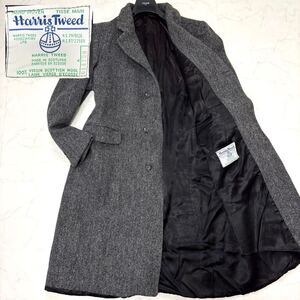 希少XXLサイズ相当●着丈115cm Harris Tweed ツイードコート ヘリンボーン ウール チェスター ロング丈 グレー メンズ ハリスツイード