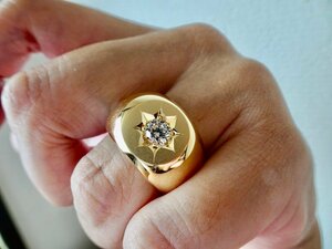 仁尾彫金『一つ星ジルコニア、k１８、丸の印台リング』ハンドメイド338