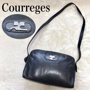 希少 Courreges オールレザー デカロゴ 金具 スクエア ロゴ ショルダーバッグ クロスボディ クレージュ ブラック 黒