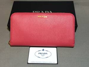 新品 本物 プラダ ロゴ レザー ラウンドファスナー 長財布 PRADA 本革 ピンク ゴールド