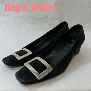 C0081★9 高級 ROGER VIVIER ロジェヴィヴィエ ブランド ロゴ 金具 レザー レディース ヒール パンプス シューズ 黒 銀 39