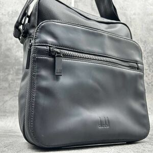 極美品●ダンヒル dunhill ショルダーバッグ クロスボディ サコッシュ 斜め掛け PVC×レザー 黒 ブラック 撥水加工 ロゴベルト メンズ 1円