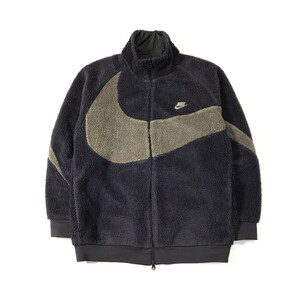 [美品・ビッグロゴ] ナイキ NIKE ビッグスウォッシュ ボア フリース リバーシブル ジャケット XL ネイビーxグレー デカロゴ ジャンパー