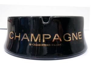 即決は送料無料 ヴィンテージ新品 CHAMPAGNE 20 CIGARETTES FILTER灰皿シャンパーニュ煙草アッシュトレイ黒×金ラウンド陶器