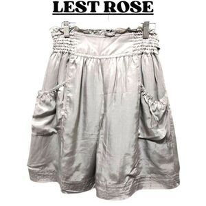 ★美品 LEST ROSE レスト ローズ スカート レディース ひざ丈 ウェスト幅広ギャザー 伸縮性あり リボン カジュアル グレー 2 / XS nr3-025