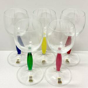 【未使用】 スロヴァキア グラス 5色 食器 ワイングラス 青 赤 黄 緑 ピンク 工芸品 ガラス製 工芸ガラス 保管品