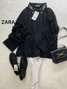 ZARA ザラ★タグ付き未使用★大人可愛★大きいサイズ あったか裏起毛 キラキラ フラワービジュー スウェット プルオーバー★黒 Lサイズ1102