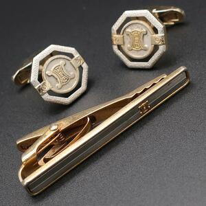 正規品 セリーヌ CELINE ネクタイピン Tie clip カフス Cufflinks セット Set トリオンフ Triomphe 金色 Gold Vintage Authentic Mint