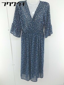 ◇ natural couture 花柄 フラワー 七分袖 ロング カシュクール ワンピース サイズF ネイビー レディース