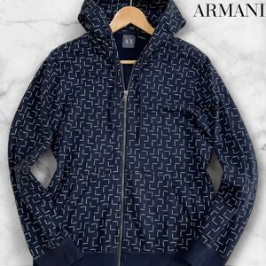 希少柄/美品●ARMANI アルマーニ エクスチェンジ ジップ パーカー フード スウェット ブルゾン 総柄 幾何学模様 メンズ Mサイズ ネイビー 