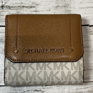 美品 MICHAEL KORS マイケルコース MK柄 PVC×レザー 二つ折り 財布 ウォレット ブラウン系