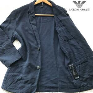 美品/4L●ジョルジオアルマーニ 春夏 ニット テーラードジャケット GIORGIO ARMANI 伸縮性 ストレッチ 3D ワッフル生地 3XL ネイビー 紺