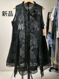 *☆新品未使用 今季最新 外装お出かけ Aラインジレロングベスト シースルー レース 豪華レース 刺繍 ブラック M−LのF