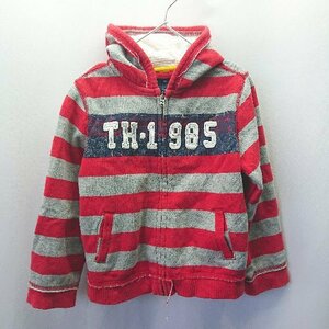 ◇ TOMMY HILFIGER トミー ヒルフィガー キッズ ボーダ－ フード 長袖 パーカー サイズ5T レッド グレー メンズ E