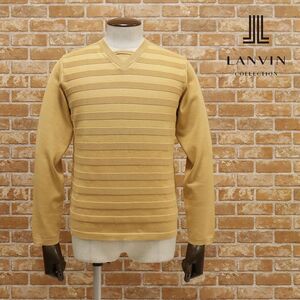 1円/秋冬/LANVIN COLLECTION/50サイズ/国産ニット エジプト綿 GIZA77 ボーダー柄 Vネック セーター ハイクラス 新品/ベージュ/hb150/