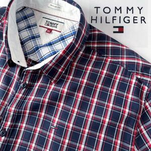 トミーヒルフィガー TOMMY JEANS チェック柄 半袖シャツ XL ネイビー ホワイト レッド シャツ