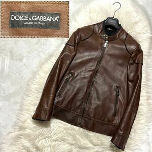 本物 ドルチェ&ガッバーナ ZIP-UP フェルトパイピング ラムレザー ジャケット 44 茶 黒 ドルガバ DOLCE&GABBANA