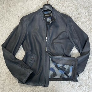 希少品●サイズL●エンポリオアルマーニ EMPORIO ARMANI ライダース レザージャケット ブルゾン ラムレザー 羊革 裏地 メンズ 48 ブルー 青