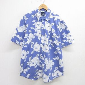 XL/古着 ギャップ GAP 半袖 ハワイアン シャツ メンズ 90s ハイビスカス パイナップル 総柄 大きいサイズ ロング丈 コットン 薄紺他 ネイビ