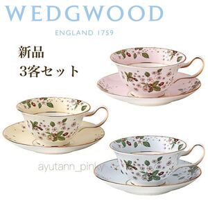 新品 ☆ 廃盤希少 WEDGWOOD ウェッジウッド ワイルドストロベリーブルーム ティーカップ＆ソーサー 3客セット ピンクイエローブルー トリオ