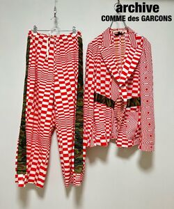 A0021★20 高級 COMME des GARCONS コムデギャルソン メンズ 総柄 ライト セットアップ ジャケット スラックス パンツ 白赤 AD2000 archive