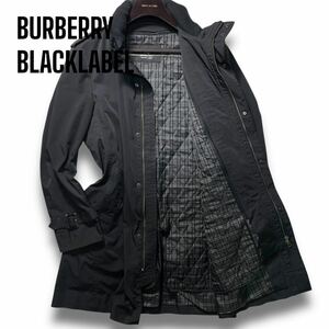 美品/希少LL!!◎バーバリーブラックレーベル ノバチェック フード ロングコート キルティング ライナー BURBERRY BLACKLABEL メンズ 黒 XL