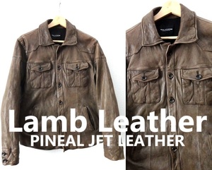 上質 羊革■PINEAL JET LEATHER■ヴィンテージ加工 ラムレザー トラッカー ジャケット/ジージャン■ブラウン系■size2(M)■ライダース