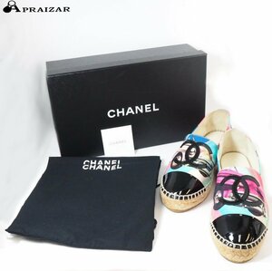 CHANEL シャネル レザー エナメル コットン ココマーク エスパドリーユ クラシックカー フラットシューズ 36 ケース付　[60244]